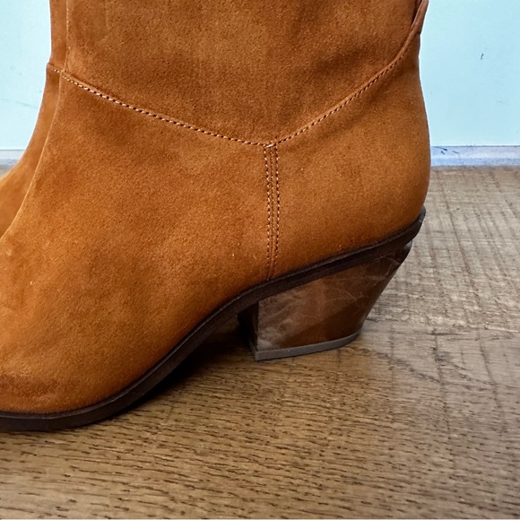 NEW Franco Sarto Sammi Suede Bootie in Camel Whiskey Brown with Metallic Heel - Picture 9 of 12